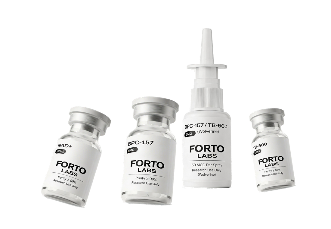 Forto Labs research product lineup with vials and spray bottle